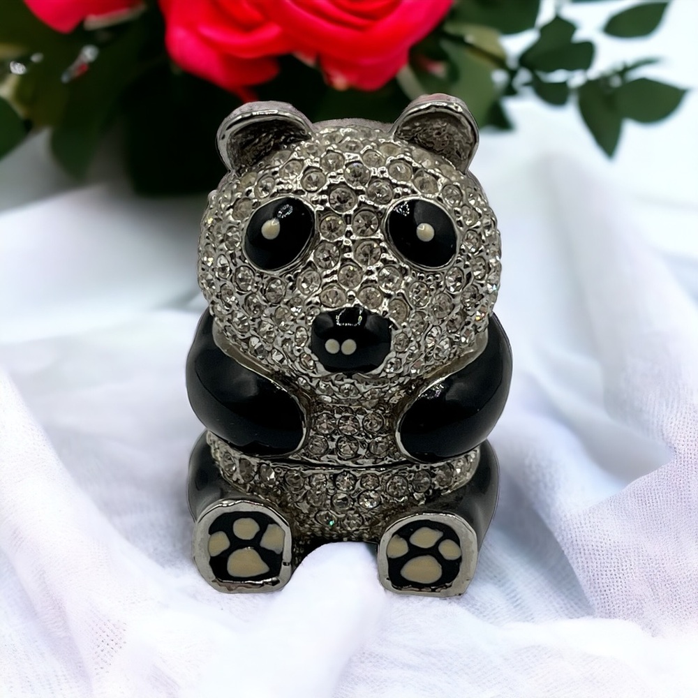 Vintage Rucinni Swarovski Crystals Rhinestones Sitting Panda Pill Trinket Box